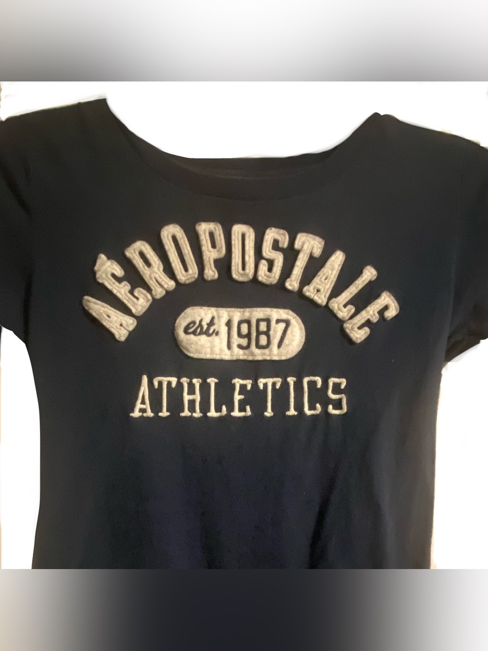 Aeropostale Navy Blue Tee with Off White Athletic Appliqué
